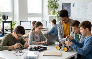 Middle School STEM Curriculum Middle school students building a robotics project with guidance from a STEM teacher