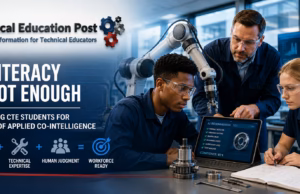 AI Literacy Is Not Enough: CTE Needs Applied Co-Intelligence CTE students verify AI-generated recommendations while working with robotics and advanced manufacturing equipment.