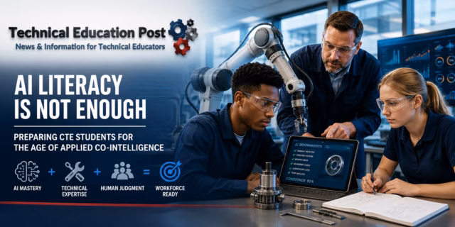 AI Literacy is Not Enough CTE students verify AI-generated recommendations while working with robotics and advanced manufacturing equipment.