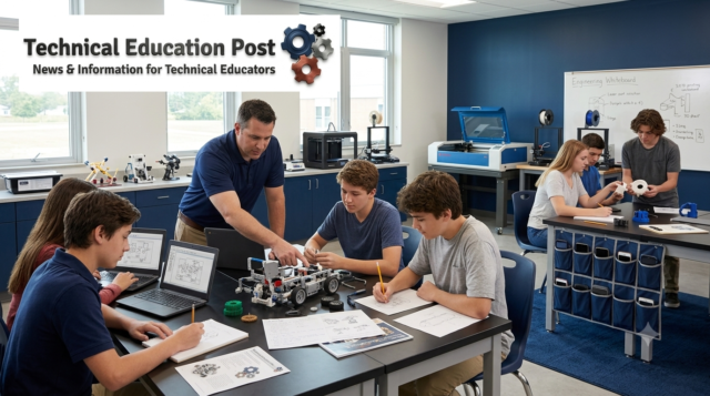 Students combine laptops, hands-on technical equipment and teacher guidance during a purposeful classroom technology lesson.