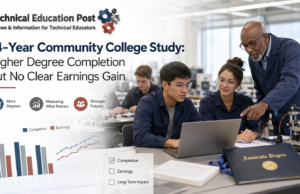 14-Year Community College Study Finds More Degrees—but No Clear Earnings Gain Community college students and an instructor in a technical lab illustrating research on degree completion and long-term earnings.