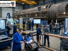 Navy’s $76.6 Billion Submarine Contracts Put the Technical Education Pipeline to the Test Technical education students practice welding, machining and quality inspection for advanced shipbuilding careers.