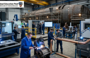 Navy’s $76.6 Billion Submarine Contracts Put the Technical Education Pipeline to the Test Technical education students practice welding, machining and quality inspection for advanced shipbuilding careers.