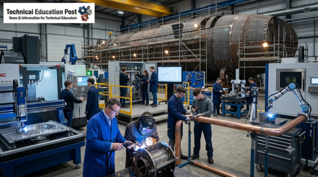 Submarine Workforce Training Technical Education Technical education students practice welding, machining and quality inspection for advanced shipbuilding careers.