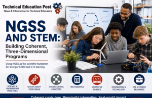 NGSS and STEM: Building Coherent, Three-Dimensional Programs Students collaborate with a teacher during an NGSS-aligned STEM lesson, analyzing scientific data, testing engineering designs, and building robotics projects in a modern classroom.