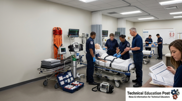 Adult and traditional-age students participating in emergency medical technician training inside a modern community college simulation laboratory. Community college students completing hands-on emergency medical technician training in a simulation laboratory.