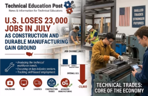 U.S. Loses 23,000 Jobs in July as Construction and Durable Manufacturing Gain Ground Construction and advanced manufacturing workers representing July 2026 technical-sector employment trends.