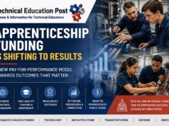 Apprenticeship Funding Is Shifting From Enrollment to Results Technical education students and apprentices receive hands-on advanced manufacturing training with an industry mentor, representing the shift toward performance-based apprenticeship funding and workforce development.