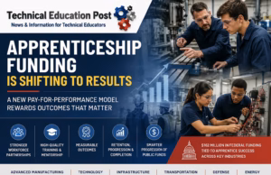 Apprenticeship Funding Is Shifting From Enrollment to Results Technical education students and apprentices receive hands-on advanced manufacturing training with an industry mentor, representing the shift toward performance-based apprenticeship funding and workforce development.