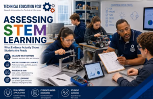 Assessing STEM Learning Students demonstrate engineering, robotics, data analysis, and technical skills in a modern STEM laboratory while an educator evaluates their work using performance rubrics and evidence-based assessment practices.
