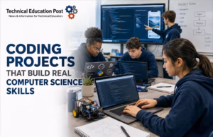 Coding Projects That Build Real Computer Science Skill Students collaborate on coding projects using laptops, robotics hardware, microcontrollers, and software development tools while building real computer science skills in a modern STEM classroom.