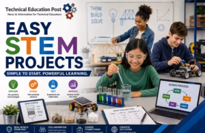 Easy STEM Projects for K–12 and CTE Classrooms Students build robots, test water filtration, construct engineering models, and conduct hands-on science experiments in a modern STEM classroom, demonstrating easy STEM projects that promote critical thinking and problem-solving.