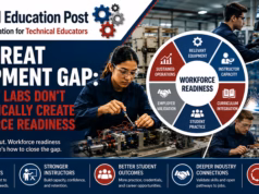 The Great Equipment Gap: Why New Labs Don’t Automatically Create Workforce Readiness Students and instructors working with advanced manufacturing, robotics, welding, and CNC equipment in a modern Career and Technical Education laboratory illustrating workforce readiness through hands-on technical training.