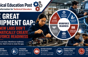 The Great Equipment Gap: Why New Labs Don’t Automatically Create Workforce Readiness Students and instructors working with advanced manufacturing, robotics, welding, and CNC equipment in a modern Career and Technical Education laboratory illustrating workforce readiness through hands-on technical training.