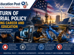 The Return of Industrial Policy Is Reshaping Career and Technical Education Technical Education Post editorial illustration showing students training in advanced manufacturing, robotics, welding, semiconductors, energy, AI infrastructure, and shipbuilding, representing how industrial policy is reshaping Career and Technical Education and workforce development.