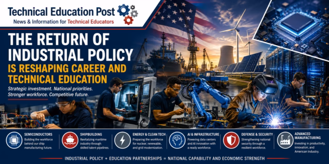 The Return of Industrial Policy Is Reshaping Career and Technical Education Technical Education Post editorial illustration showing students training in advanced manufacturing, robotics, welding, semiconductors, energy, AI infrastructure, and shipbuilding, representing how industrial policy is reshaping Career and Technical Education and workforce development.