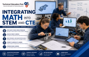 Integrating Math Into STEM: From Hidden Calculations to Evidence-Based Decisions High school STEM and CTE students apply mathematics by measuring manufactured components, analyzing engineering data, interpreting graphs, reviewing CAD drawings, and programming robotics while an instructor guides quantitative decision-making in a modern technical laboratory.