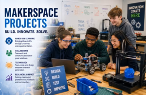 Makerspace Projects: Building Rigorous STEM and CTE Learning Students collaborate on a robotics project in a school makerspace using a 3D printer, laptop, engineering tools, and prototype components during a hands-on STEM design challenge.