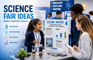 Science Fair Ideas Students present a science fair project on water filtration while classmates evaluate experiments in a modern STEM classroom filled with engineering, biology, and environmental science displays.