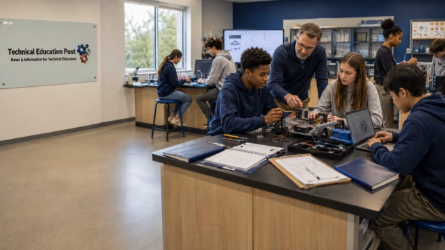 STEM Students Building a Robotics Prototype High school students and a teacher collaborate on a robotics prototype in a modern STEM laboratory, with Technical Education Post branding displayed on a glass board.