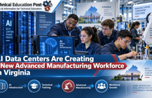 AI Data Centers Are Creating a New Advanced Manufacturing Workforce in Virginia Technical Education Post graphic showing AI data centers, advanced manufacturing equipment, technical training, and workforce development in Virginia.