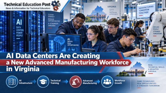 Technical Education Post graphic showing AI data centers, advanced manufacturing equipment, technical training, and workforce development in Virginia.