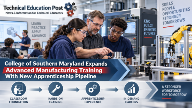 College of Southern Maryland Advanced Manufacturing Apprenticeship Training College of Southern Maryland students receiving hands-on advanced manufacturing training with CNC equipment and industrial robotics as part of an apprenticeship pipeline.