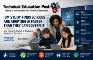 IBM Study Finds Schools Are Adopting AI Faster Than They Can Govern It Teachers and students using artificial intelligence in a modern classroom as schools work to improve AI training, governance and digital literacy.