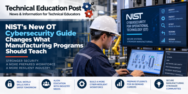 Students learning operational technology cybersecurity in a manufacturing lab.