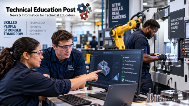 ai-adoption-workforce-productivity-technical-education Technical education students and skilled workers using AI-assisted manufacturing technology, CNC equipment, and industrial robotics.