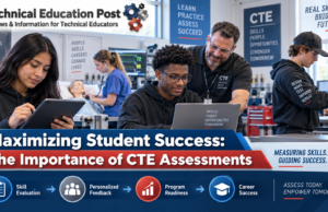 Maximizing Student Success: The Importance of CTE Assessments Students completing CTE assessments and hands-on technical training with an instructor in a modern career and technical education lab.
